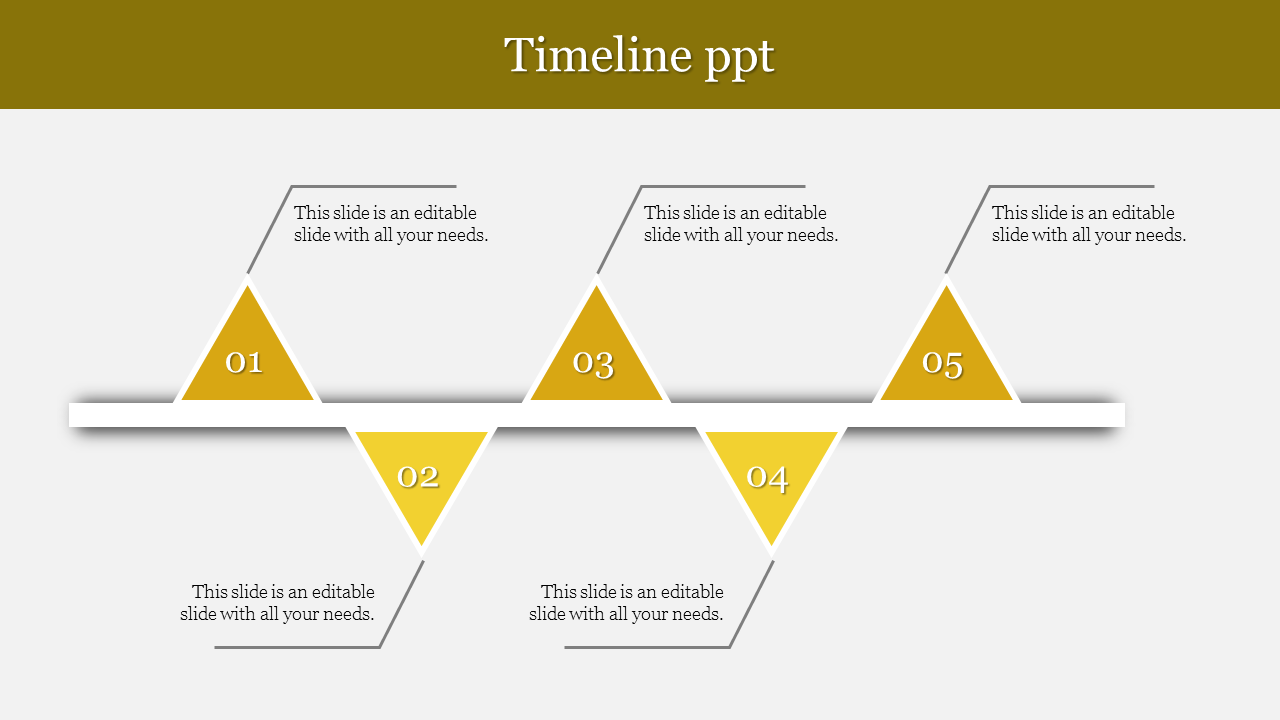 Five-step timeline featuring multicolored triangles in zigzag pattern along horizontal axis, with caption areas.