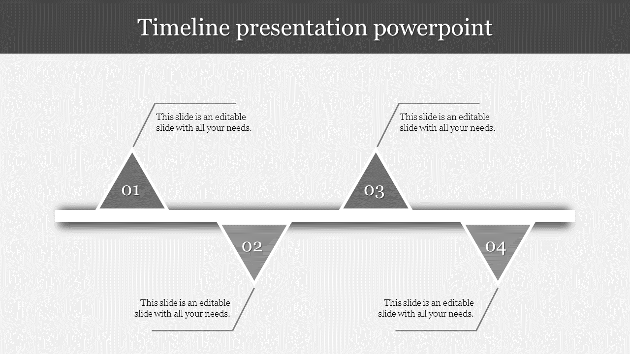 Gray themed timeline with four triangular markers on a horizontal bar, connecting captions symmetrically with lines.