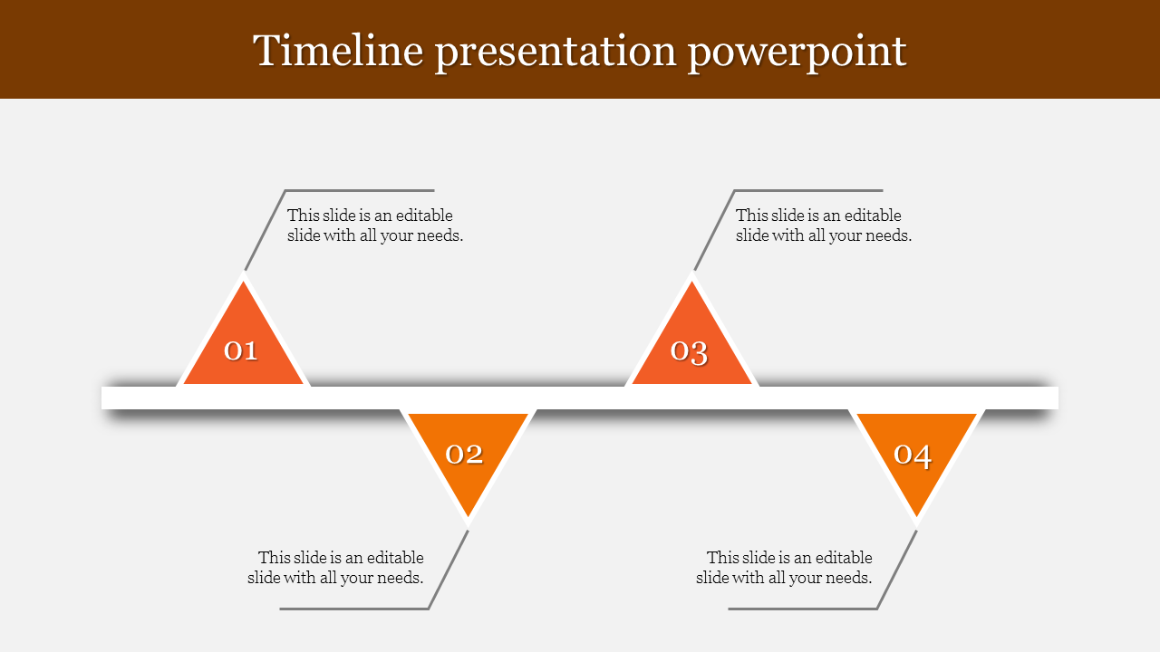 Timeline PowerPoint slide with four numbered orange triangles and placeholder text.