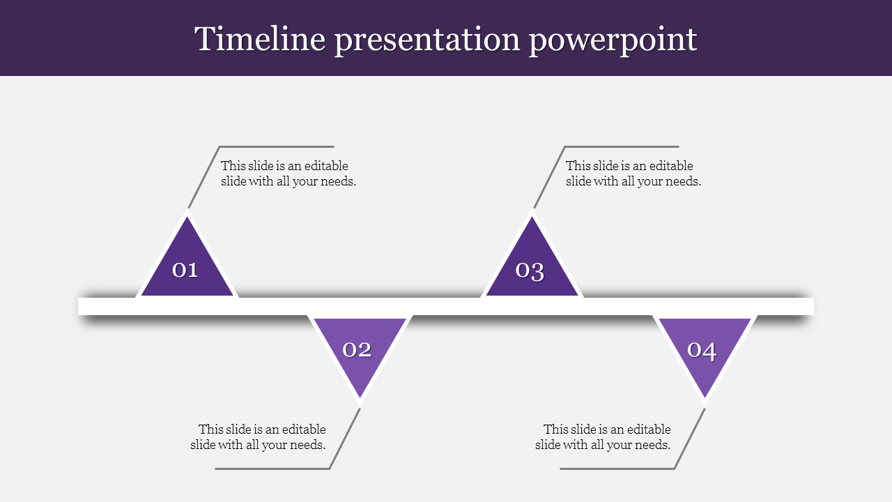Four purple triangle markers representing milestones, evenly spaced along a horizontal timeline for structured flow.