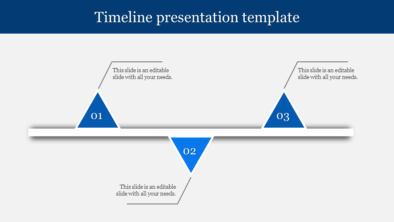 Blue themed timeline template with three triangular markers along a horizontal bar, connecting captions with simple lines.
