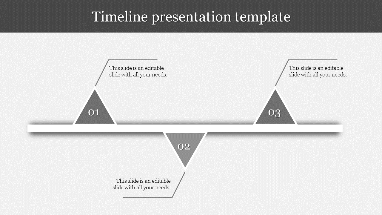 Simple grey timeline with triangular markers (O1, O2, O3) spaced across a white line, each with a caption areas.