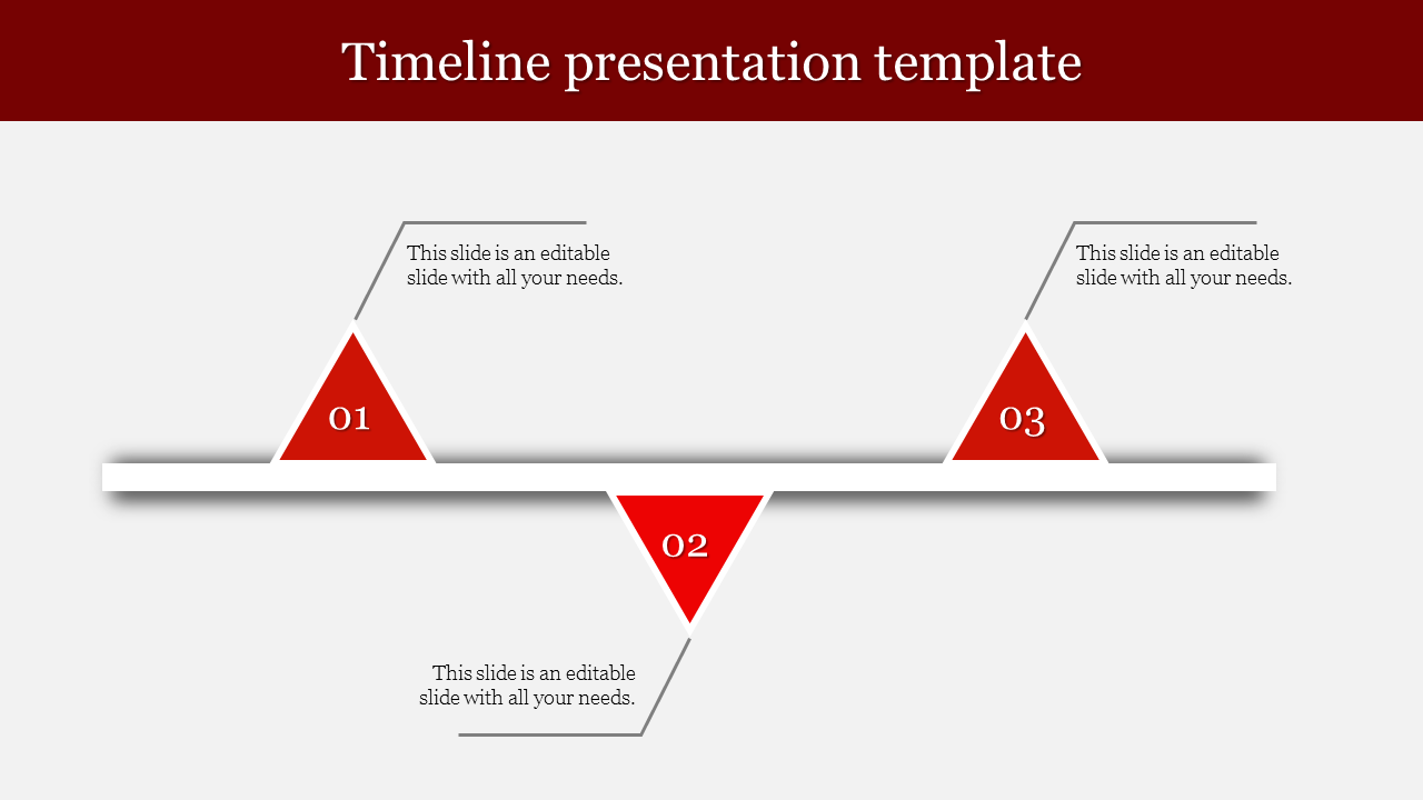 Timeline presentation template featuring red triangular milestones with placeholder text.
