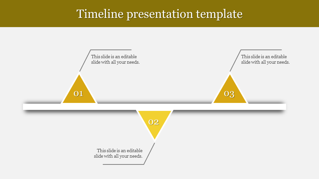Timeline slide with three yellow triangles placed on a horizontal bar, each linked to captions for clarity.