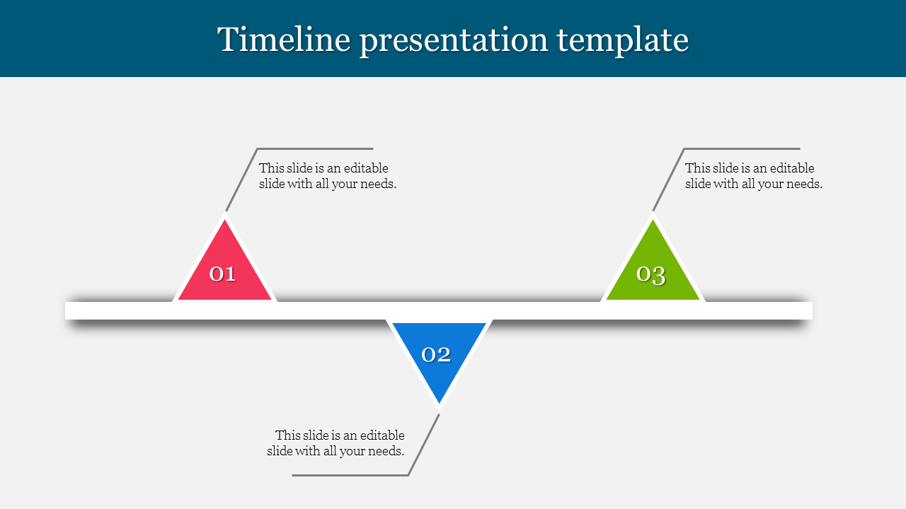 Timeline slide with three coloured traiangles placed above and below a line each with caption areas in a gray backdrop.