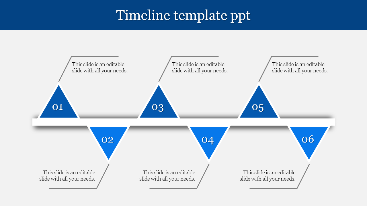 Modern timeline design with alternating six blue triangular markers and a central horizontal line for alignment.