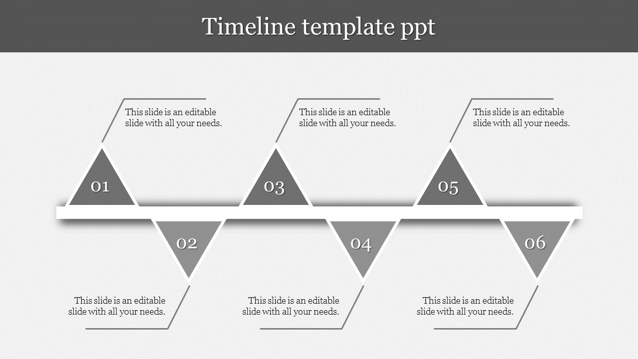 Horizontal timeline with alternating gray colored triangles above and below center line with caption areas.