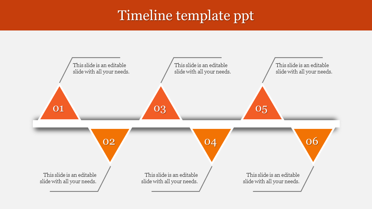 Symmetrical timeline design with six orange triangles and captions aligned above and below a horizontal bar.
