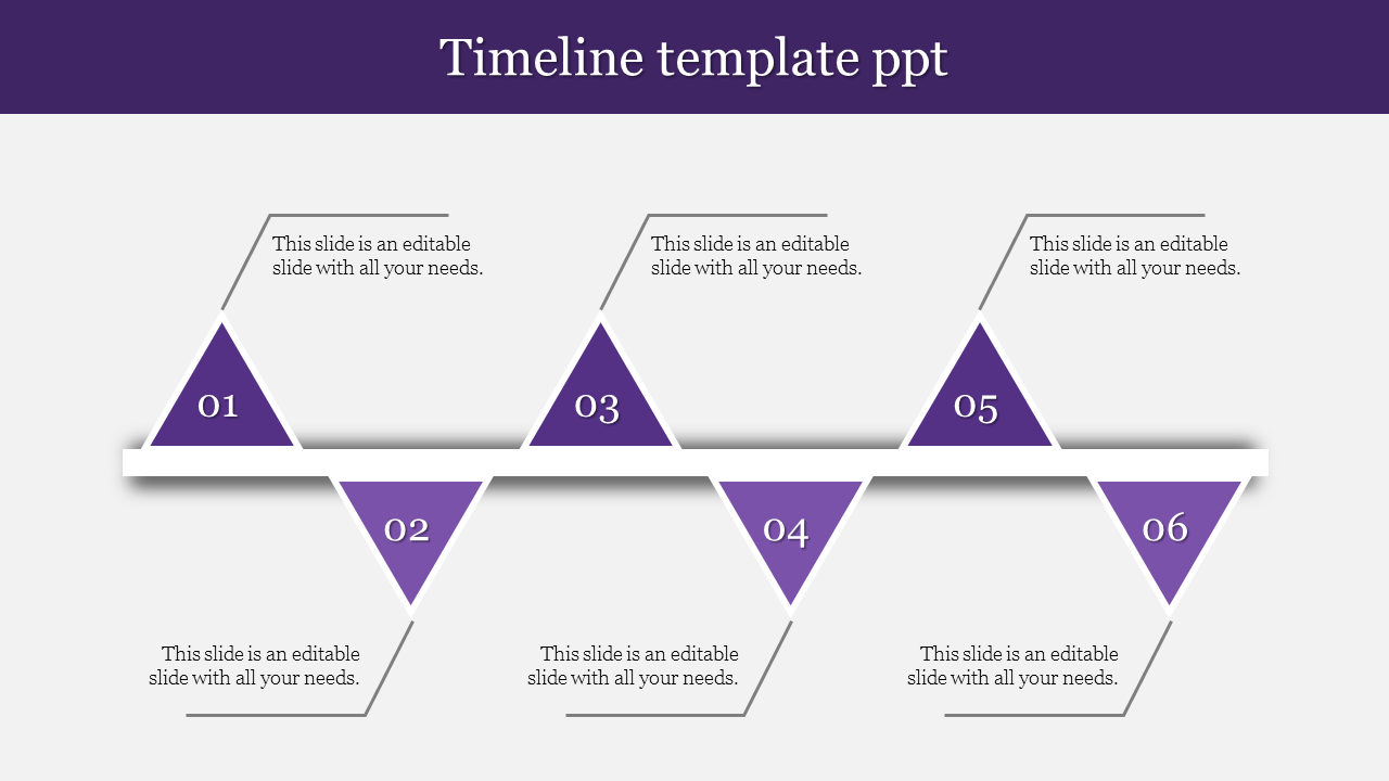 Modern timeline template with alternating up-down triangles in purple colors, numbered sequentially with captions. 