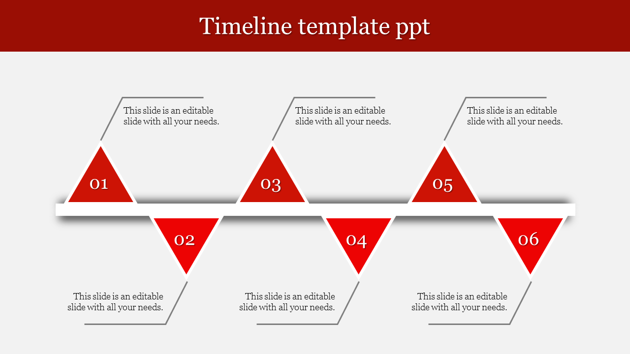 Timeline PowerPoint slide with six triangular milestones and numbered captions with placeholder text.