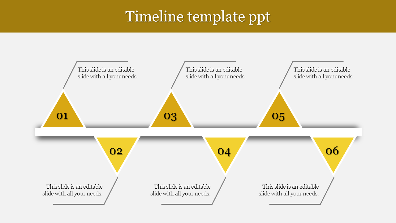 Yellow themed timeline with six triangular markers on a horizontal bar, connecting captions symmetrically with lines.