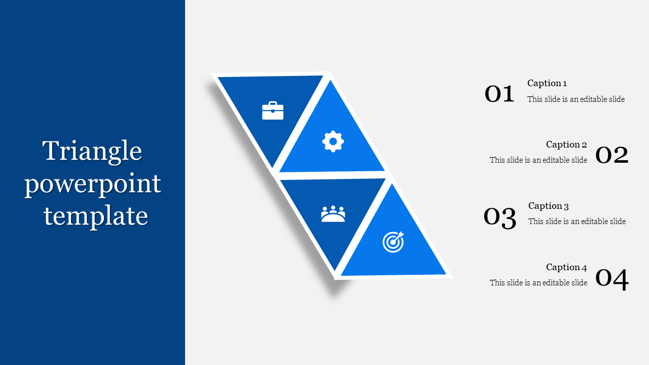 PPT slide with blue triangular sections, showcasing icons for briefcase, gear, people, target, and graph with captions.