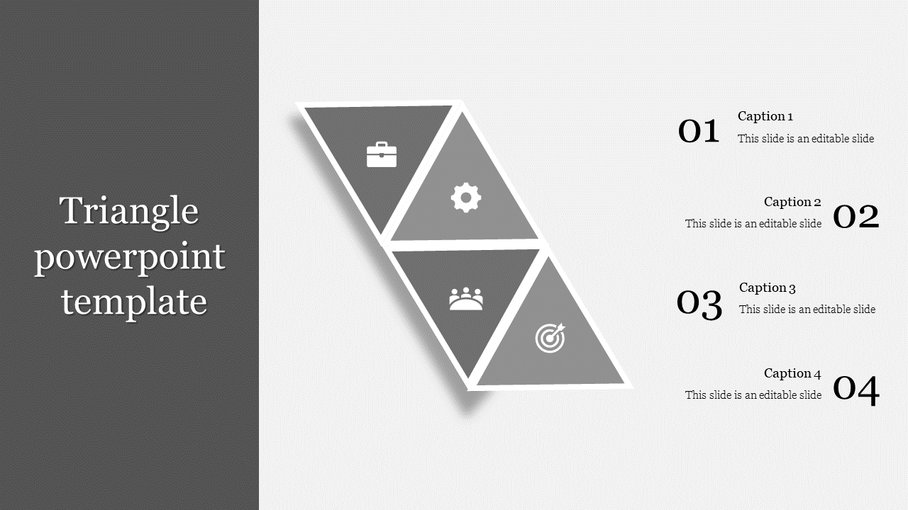 Gray triangle segments with icons, text descriptions numbered 01 to 04 on the right, and a title on the left panel.