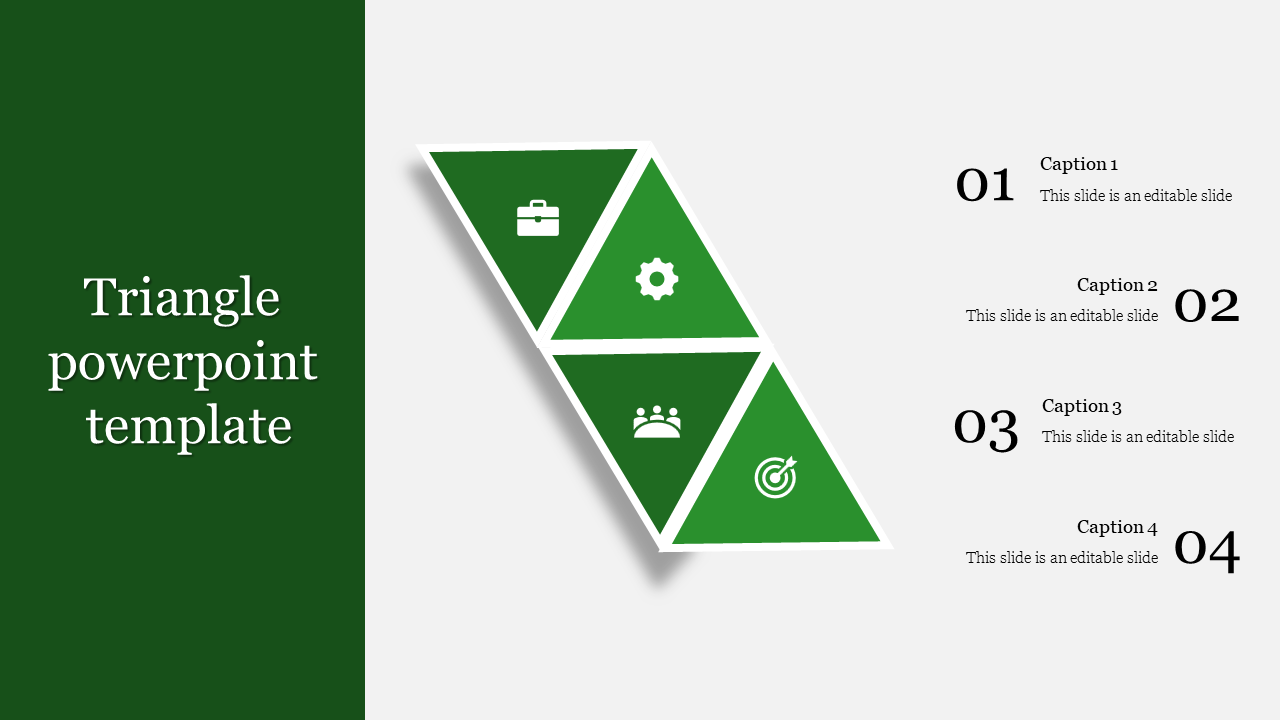 Diagonal triangular infographic with four green segments, each containing an icon, aligned with numbered captions areas.