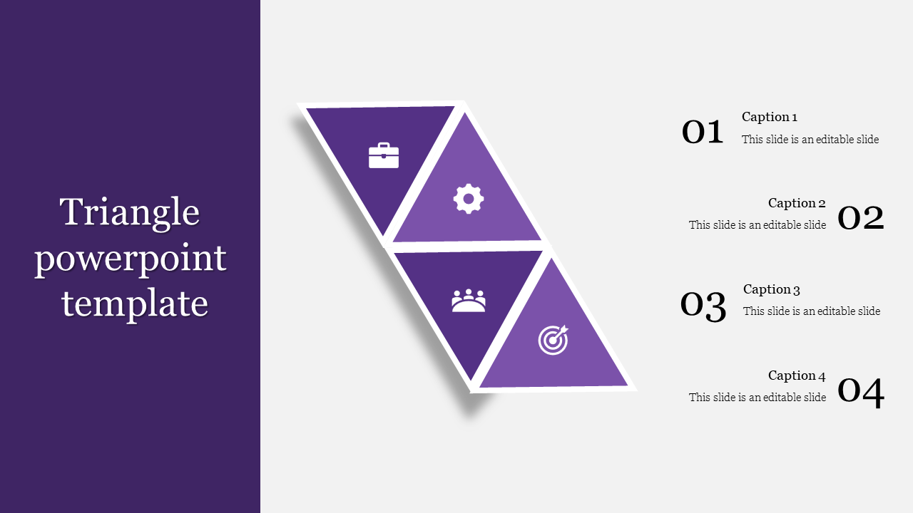 Triangular layout with four purple segments, each containing an icon and numbered captions on the right side.