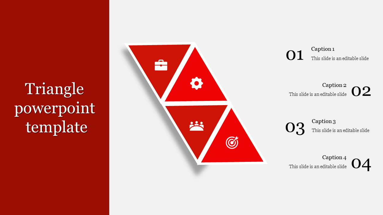 Triangular step infographic in a diagonal design, featuring four red segments with business icons and matching captions.