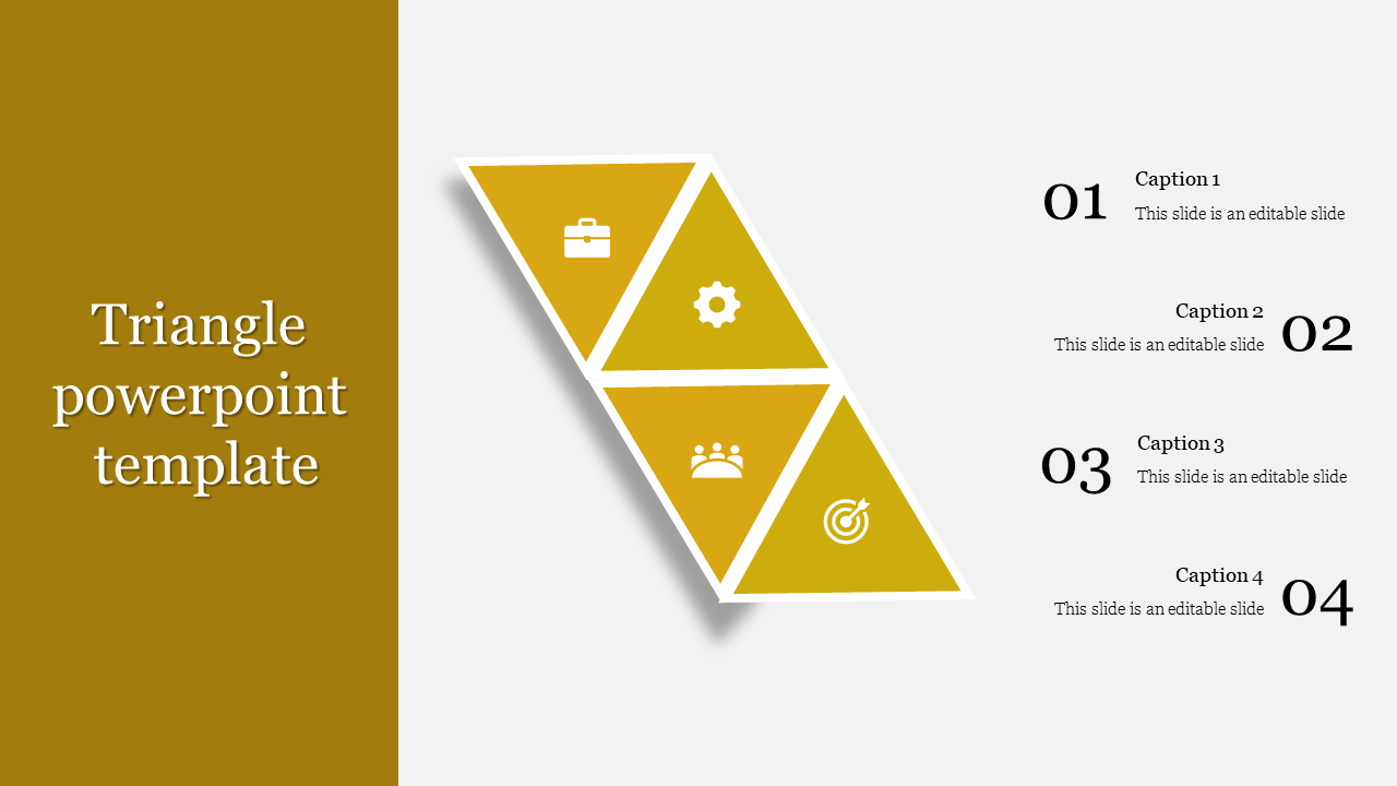 Yellow triangle PowerPoint template with icons for business, settings, people, target, and growth with captions.
