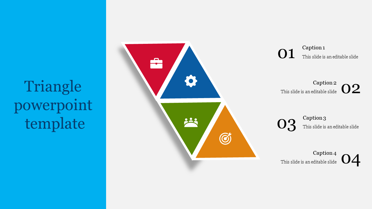 Colorful triangle layout with red, blue, green, and orange sections, icons inside, with captions and numbers on the right.
