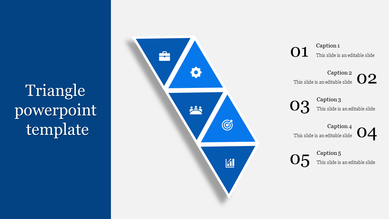 Modern triangular process diagram in blue with four sections, each containing a business icon, aligned with caption areas.