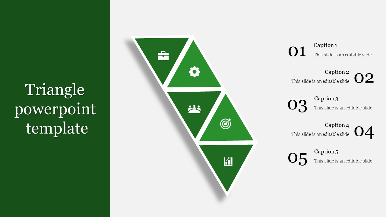 Green triangular segments with white icons, captions numbered 01 to 05 on the right, and a title panel on the left.