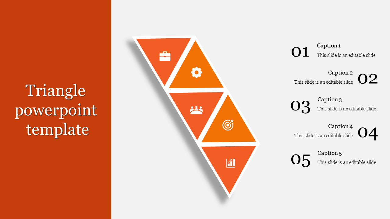 Triangular step infographic in a diagonal design, featuring four orange segments with business icons and matching captions.