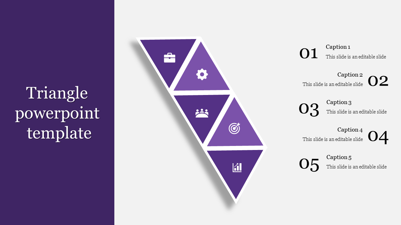 PPT slide with purple triangular sections containing icons for briefcase, gear, people, target, and graph with captions.