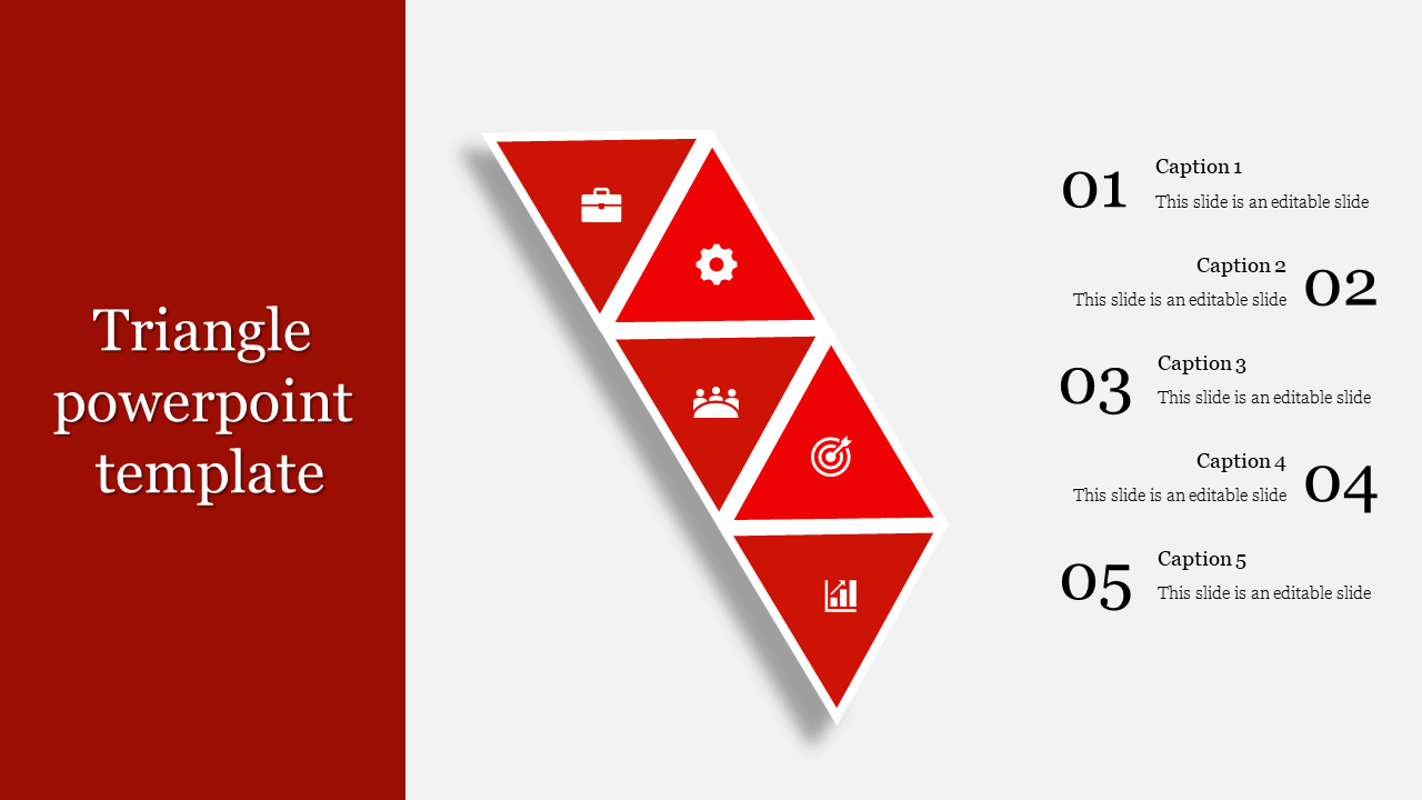 Vertical triangular layout in red with white icons, five numbered captions on the right, and a bold side panel.