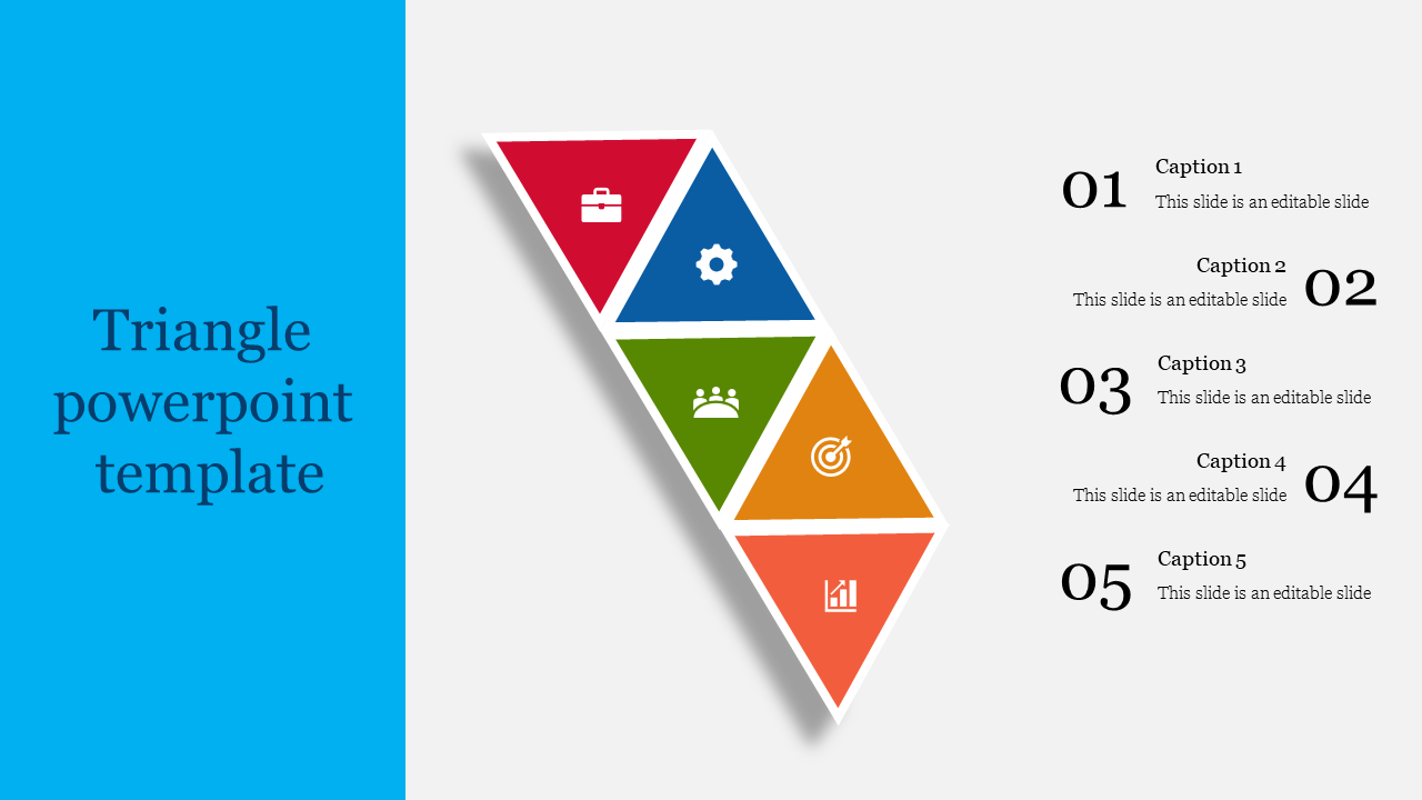 PPT slide with a triangle layout containing icons for briefcase, gear, people, target, and graph in vibrant colors with text.