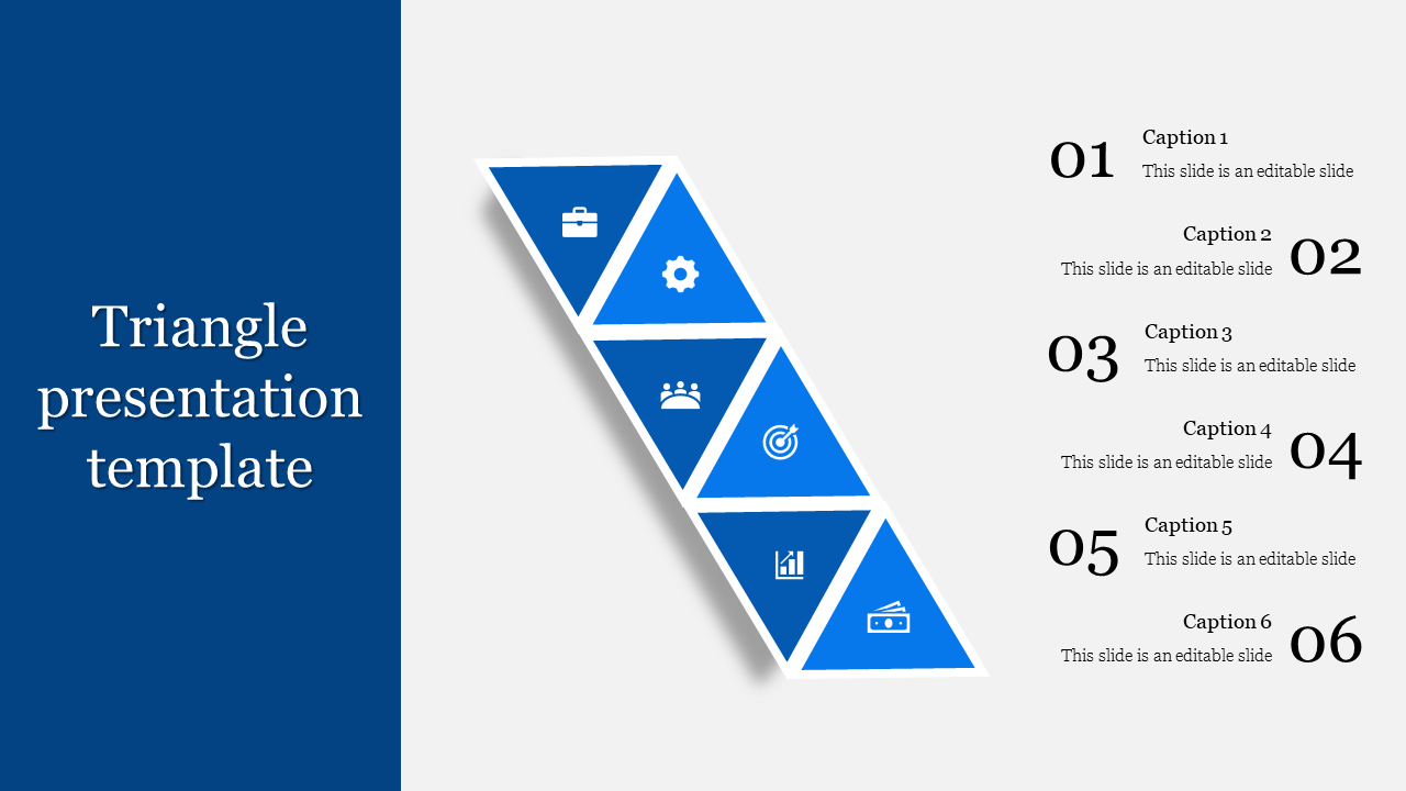 Blue triangle design with shadow effect, six icons, numbered captions on the right, and a left title bar.