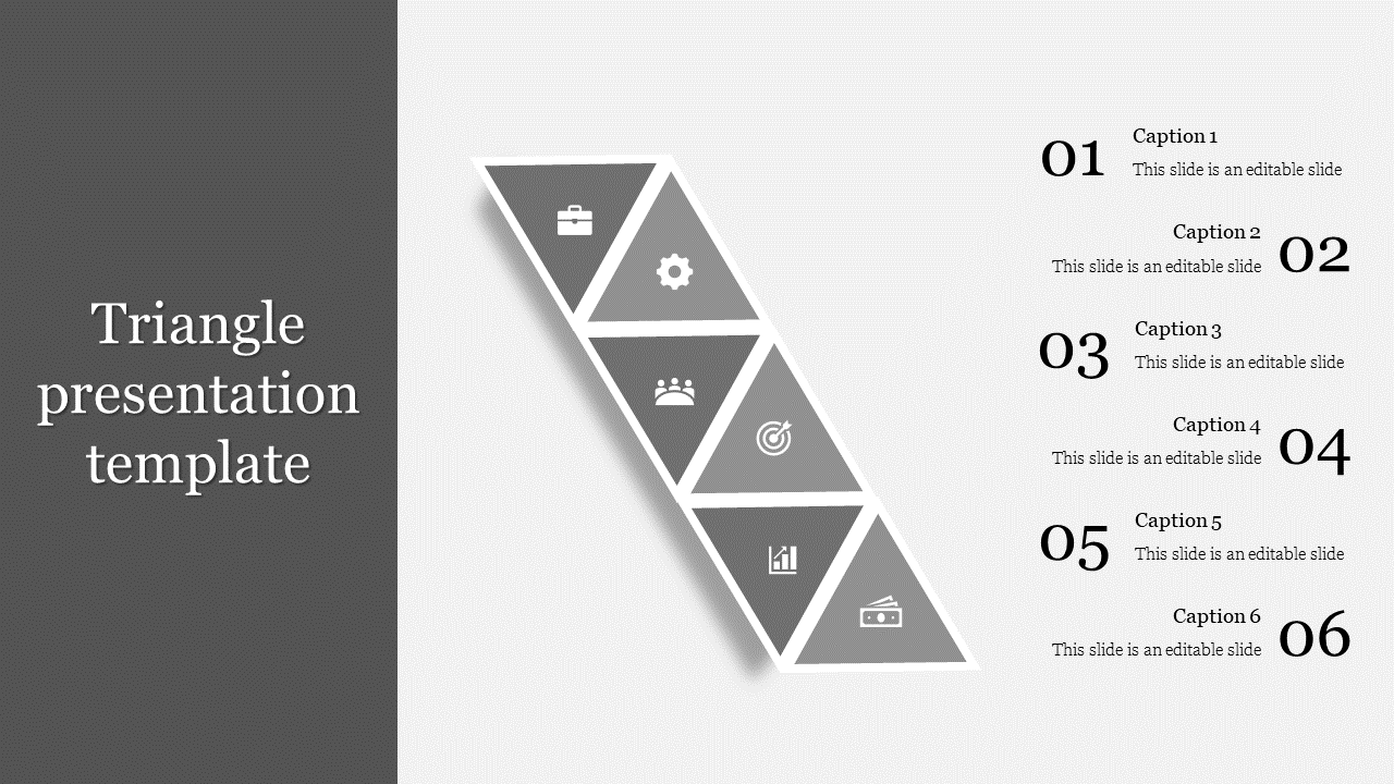 Diagonal triangular infographic with five orange segments, each containing an icon, aligned with gray caption areas.