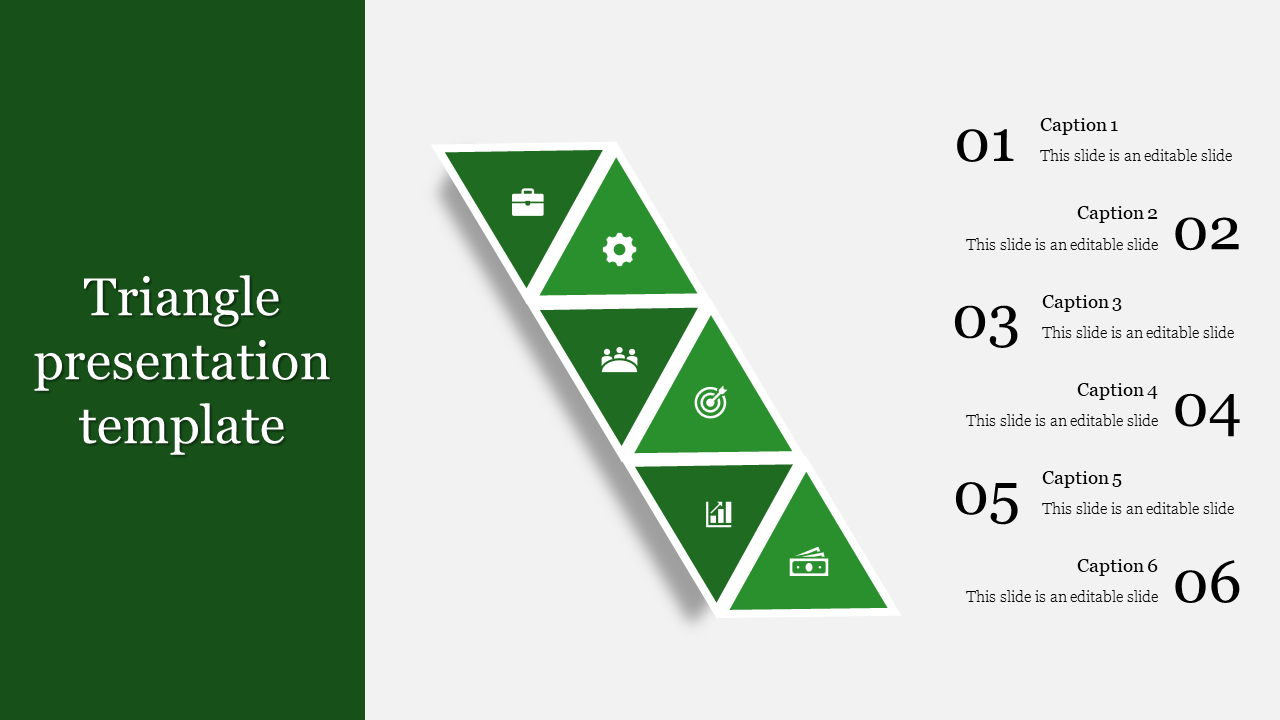 Green triangle PowerPoint template featuring icons for business, gear, people, target, chart, and cash with captions.