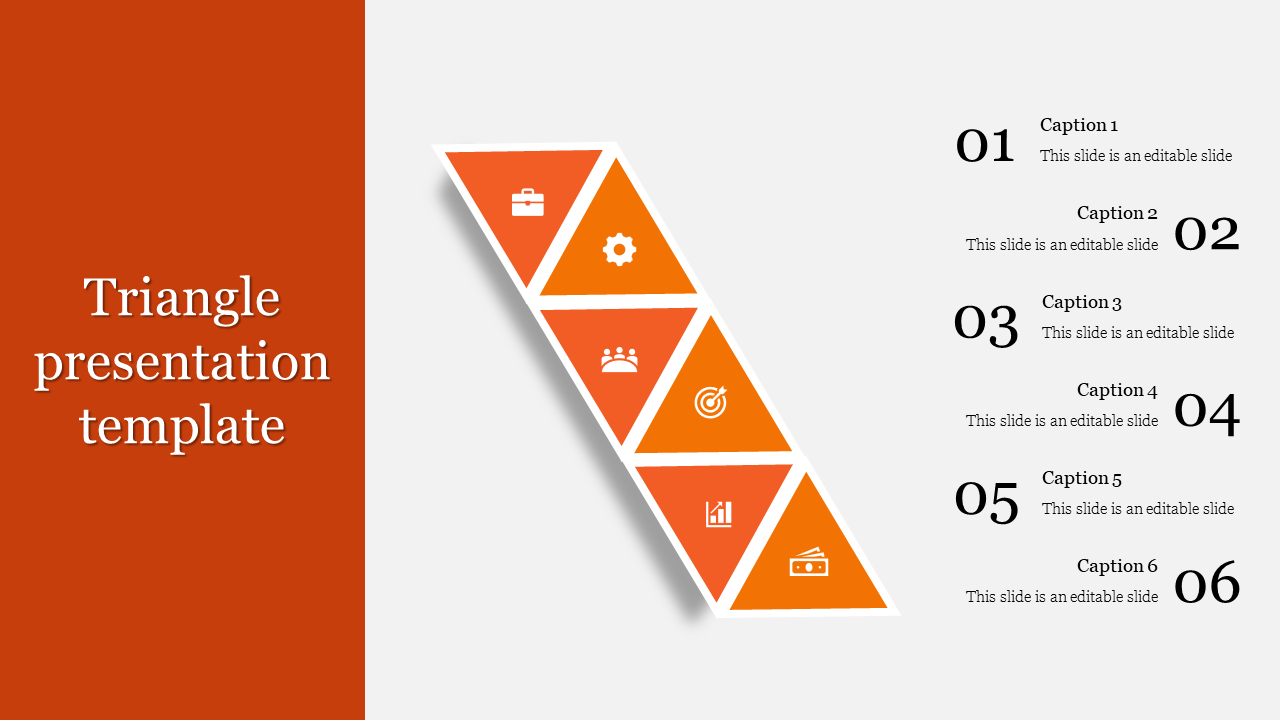 Abstract orange triangle segments with six icons and numbers, captions on the right, and a title panel on the side.
