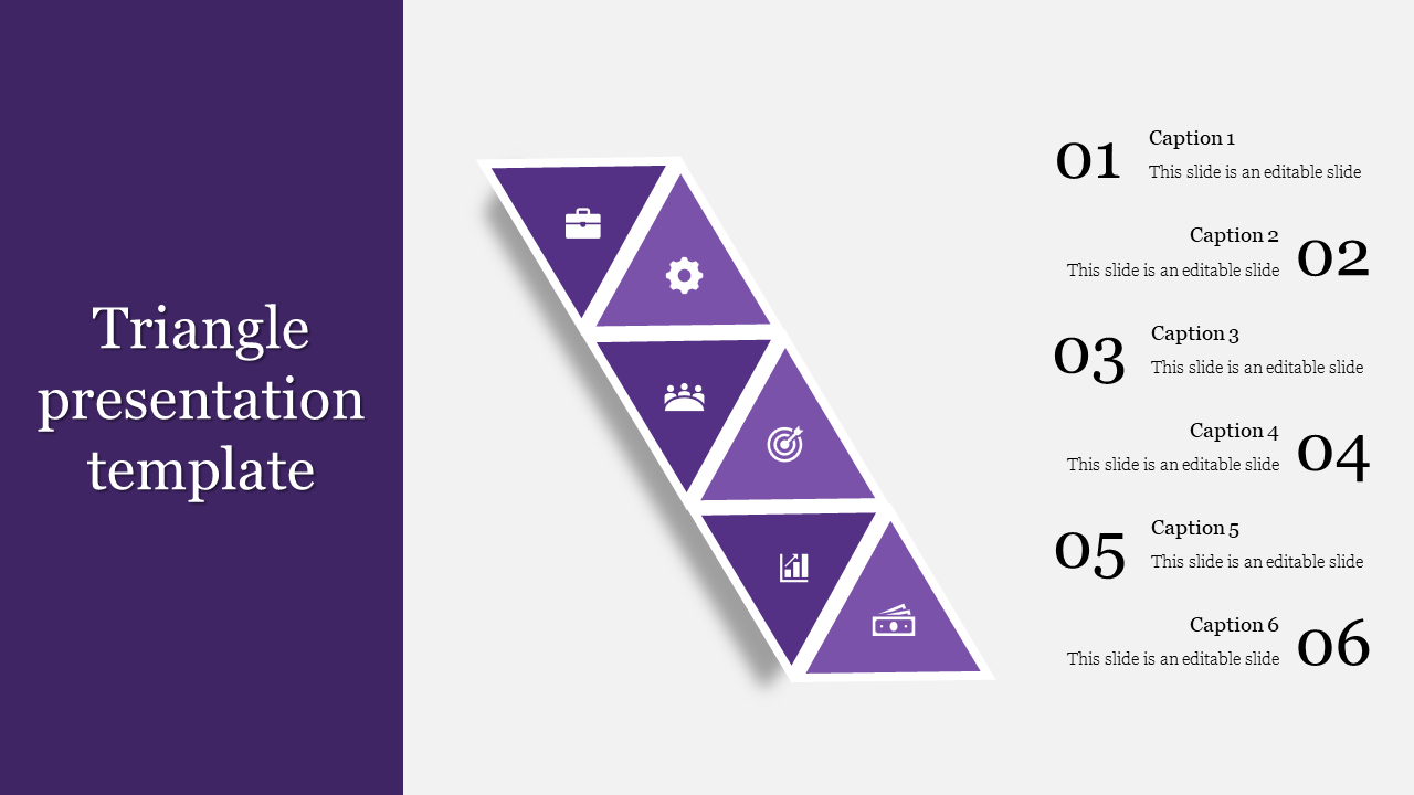 Modern triangular process diagram in purple with five sections, each containing a business icon, aligned with caption areas.