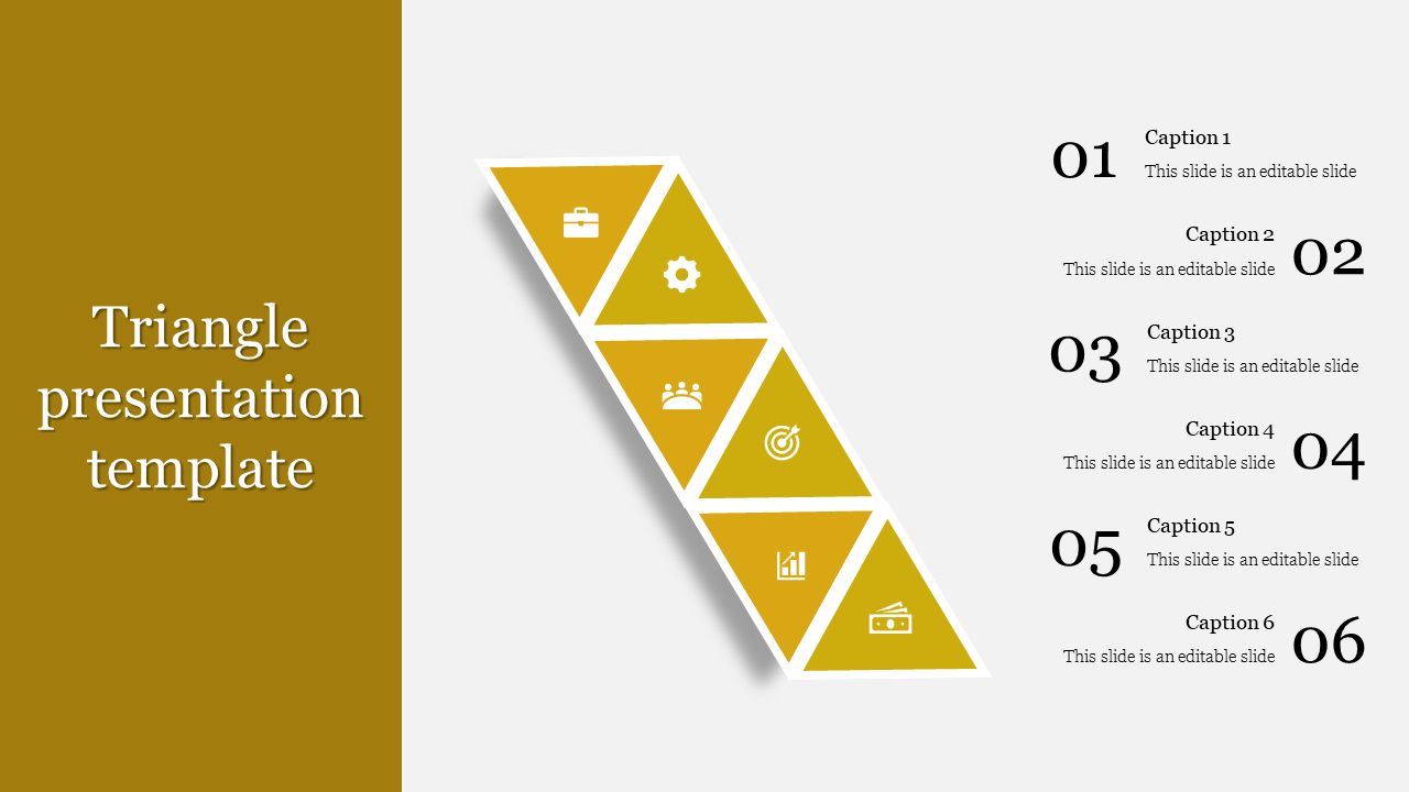 Six triangular yellow sections with icons, numbered captions on the right in black, and a vertical title bar on the left.