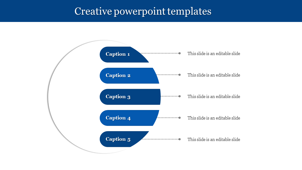 Creative PowerPoint template with five blue segments inside a circular design, each containing captions.