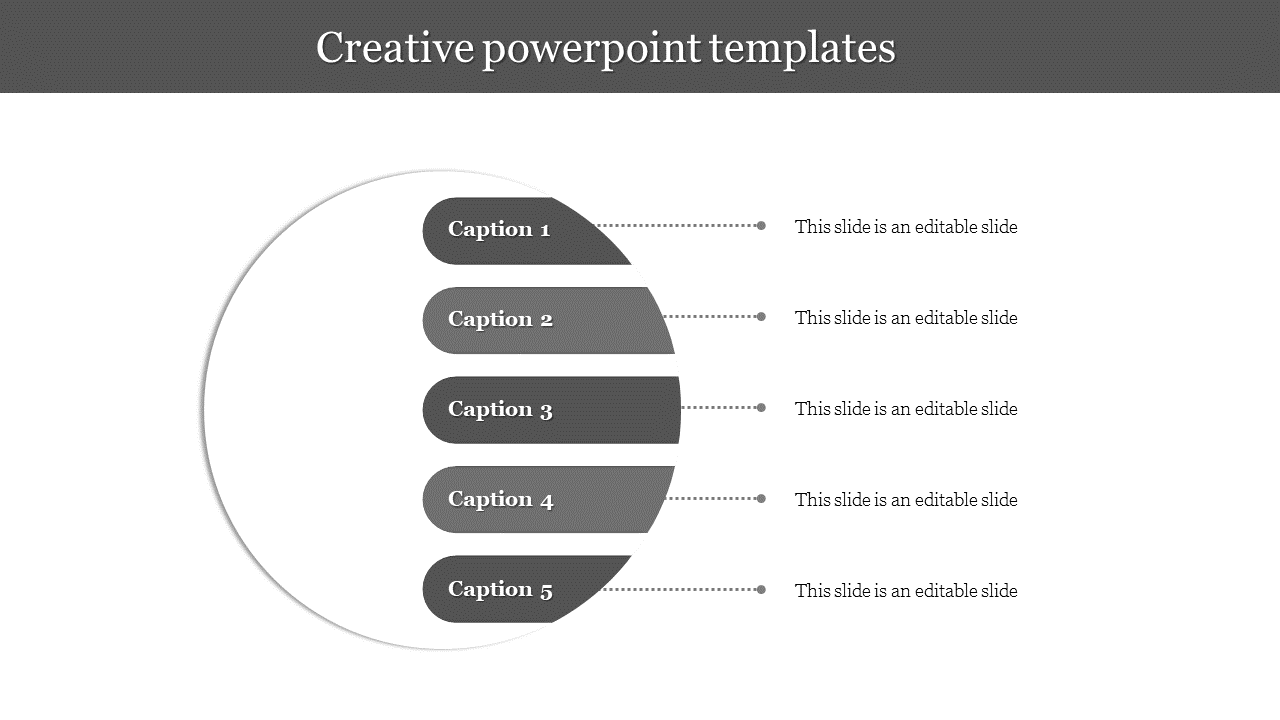 Slide features a white circle with five gray curved labels, and dotted connectors pointing to text on the right.