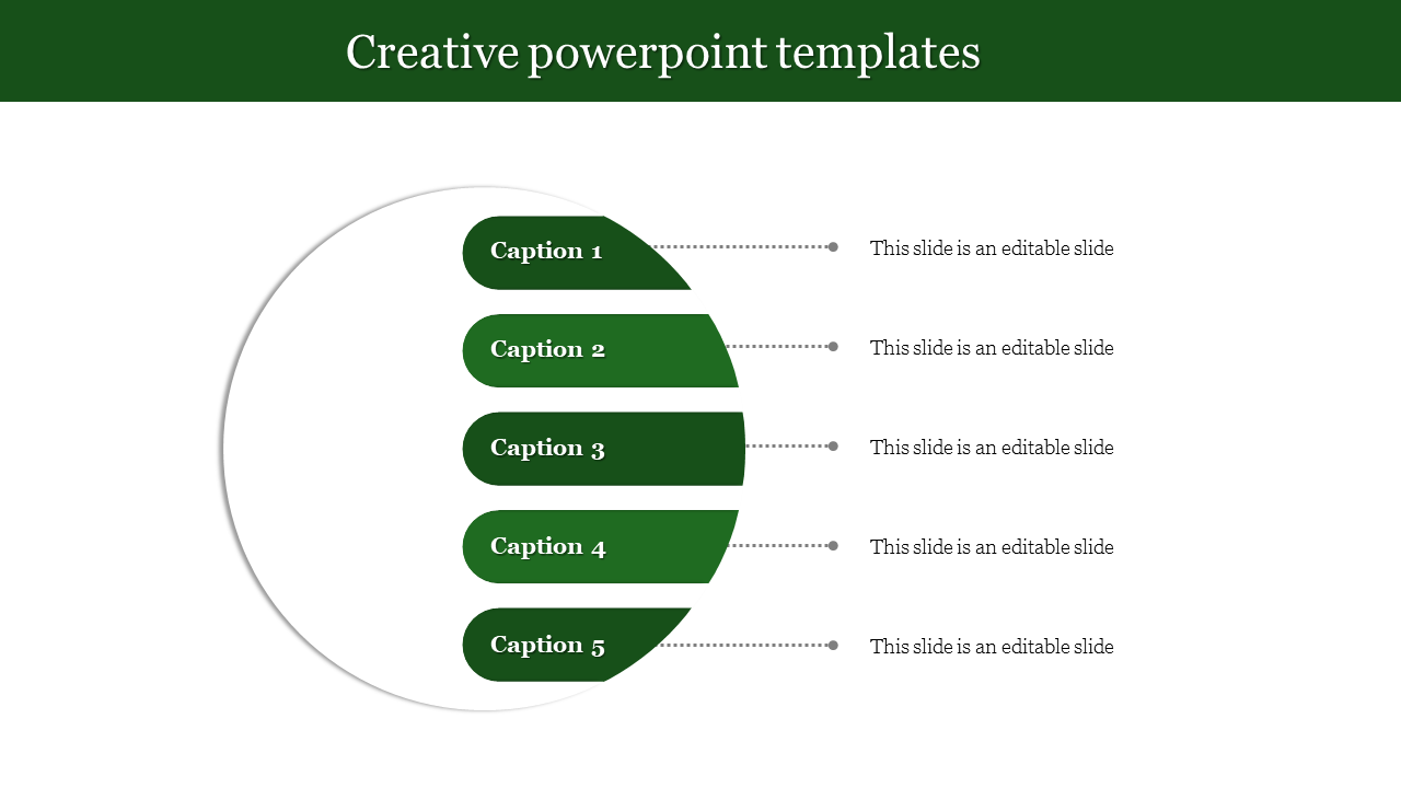 Creative template featuring a circle design with five horizontal green segments, each with a caption and dotted connector.