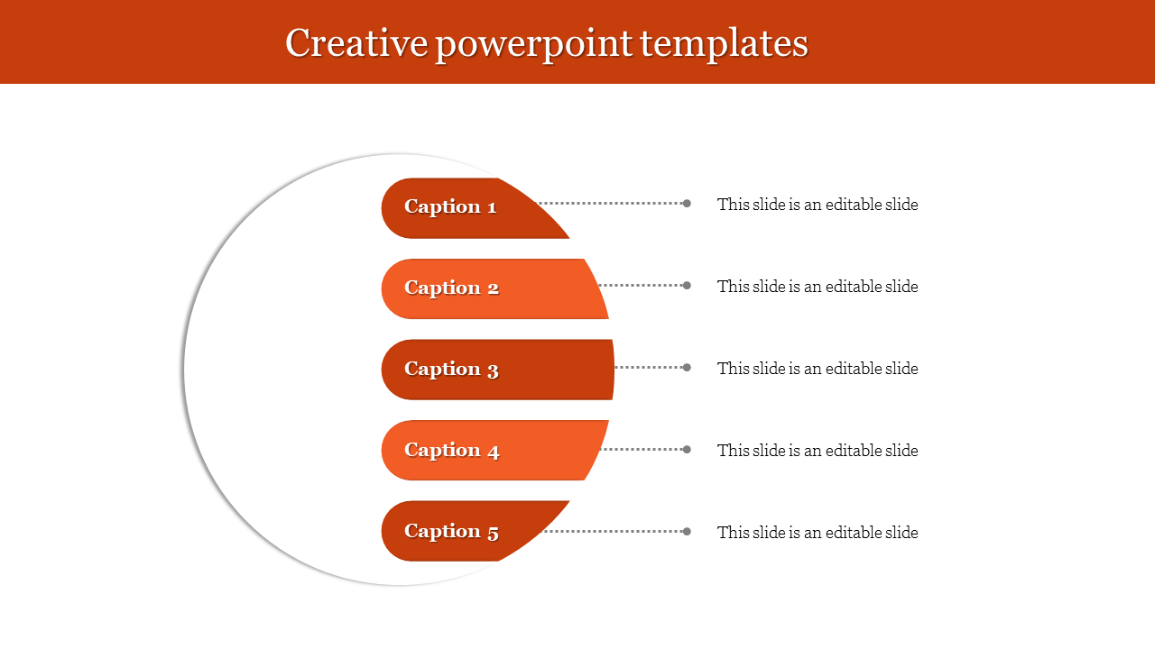 Creative PPT slide with five orange and red segments, each labeled with captions and placeholder text.