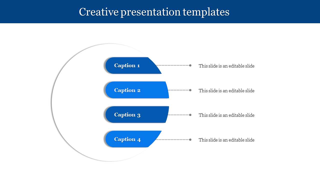 Simple blue themed slide with four captions inside a circular shape and text aligned on the right.