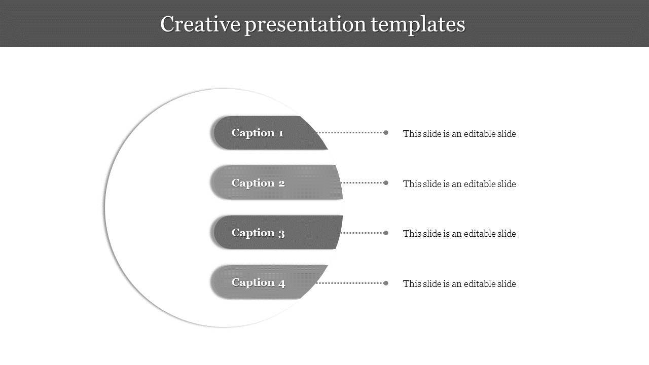 Creative PowerPoint template with four gray rounded icons, each containing captions.