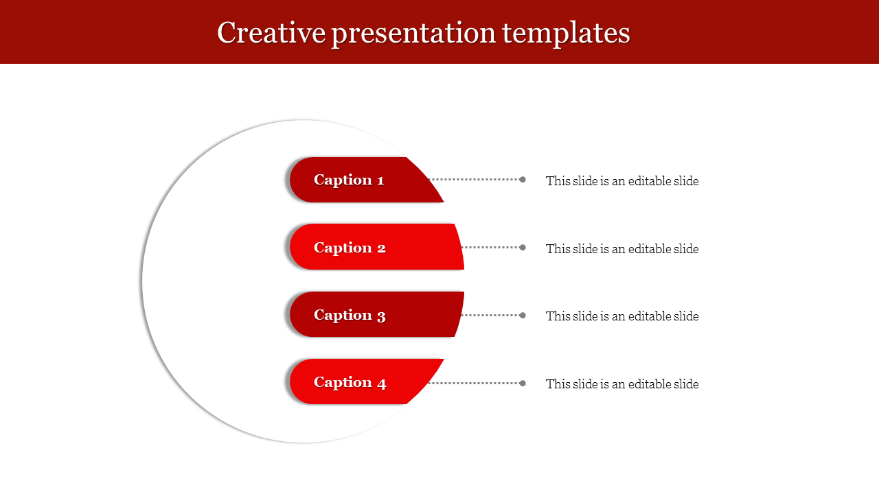Circular layout on the left with four red captions aligned horizontally, linked to text on the right with dotted lines.