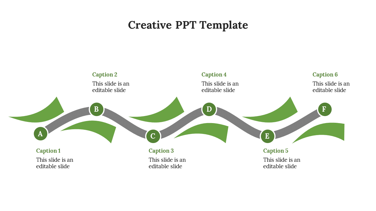 Creative PPT template with six sections linked by green arrows representing a flow with captions.