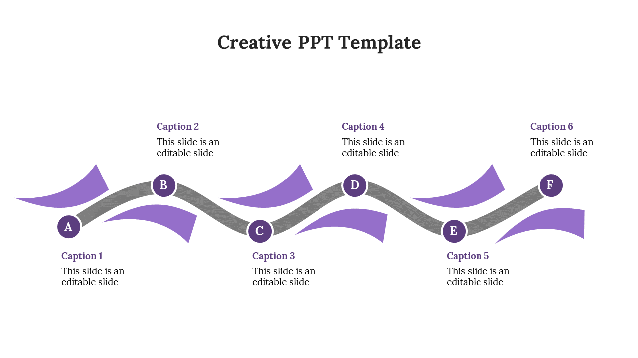 Creative process diagram with a zigzagging gray path linking six purple circles, each accompanied by a caption.