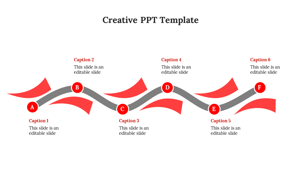 Creative template with six red circles labeled A to F, connected by a gray line, paired with captions.