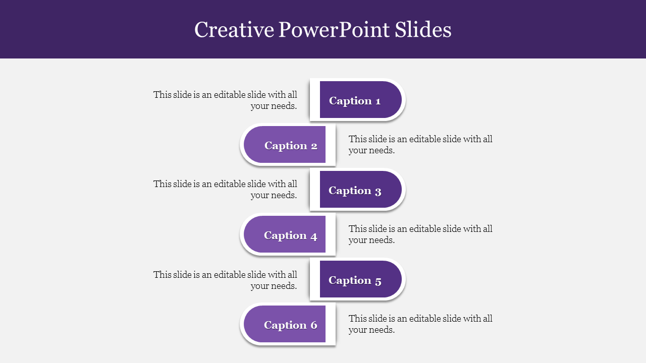 Vertical step creative infographic with six purple labels, each containing a caption title and description on the right.