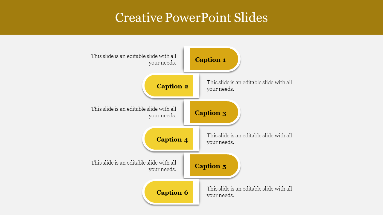 Six-step creative process infographic with bold yellow title blocks and supporting descriptions,  in a staggered order.