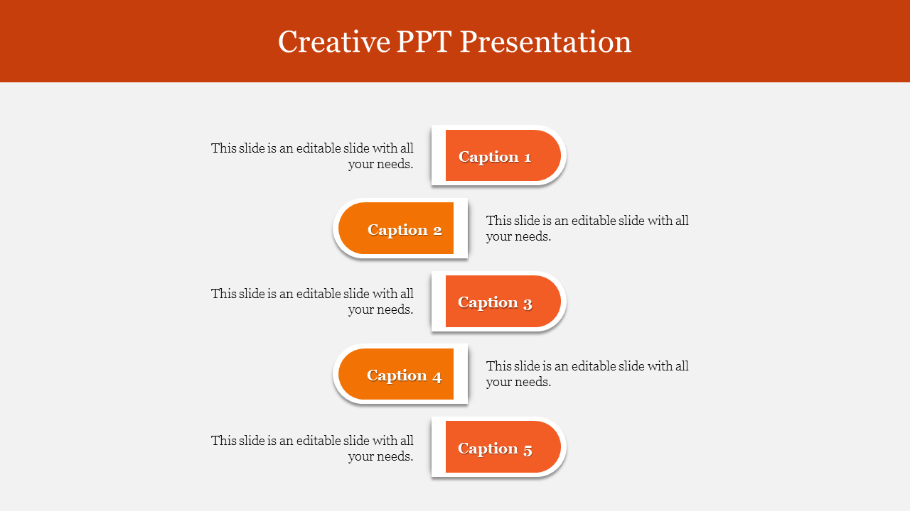 Professional slide with five orange sections labeled captions 1 to 5, placed alternately with descriptive text.