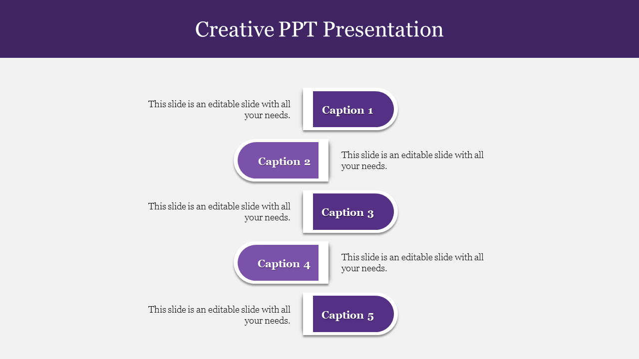 Creative slide with a structured five layout, where each step is highlighted in purple and connected to descriptive text.