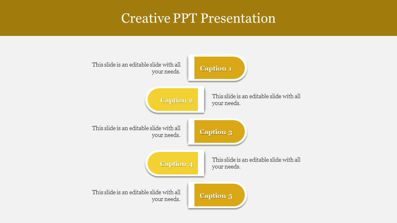 Creative PowerPoint slide with five yellow caption sections arranged vertically, with descriptions beneath each.