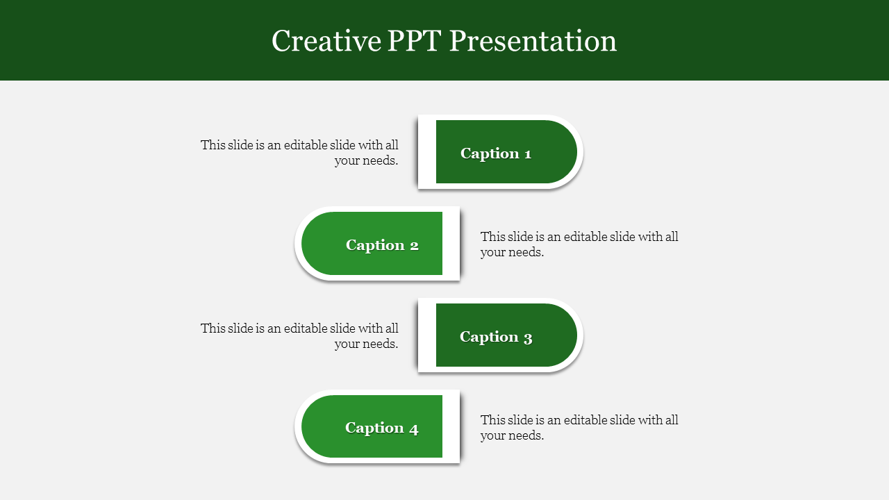 Creative slide with four green rounded rectangles with captions, arranged alternately with text on a white background.